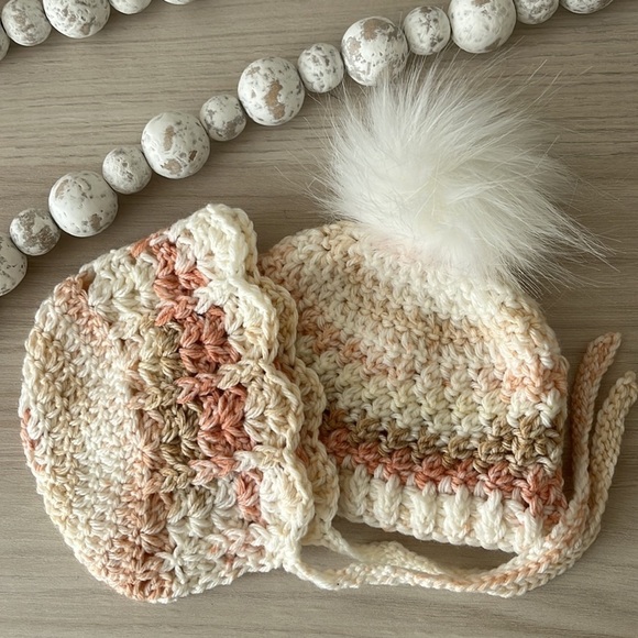 Crochet Baby Bonnet and Beanie Set - Picture 1 of 3
